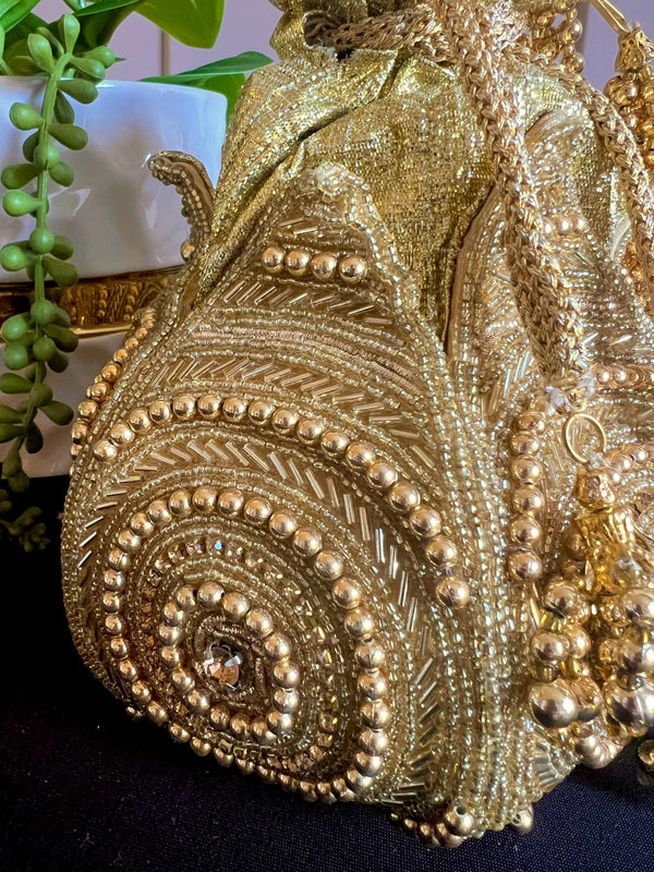 Handmade, Embellished Lotus Potli Bag | Gold Potli Bag | Gold Beaded Studded Sequin Clutch | Party Clutch Sling | Wedding Purse in Gold - Kaash