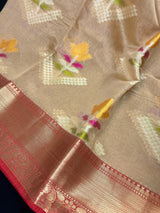 Gold Beige Cotton Silk Banarasi saree in banarasi cotton silk with meenakari floral butta on cotton silk — Kaash Collection