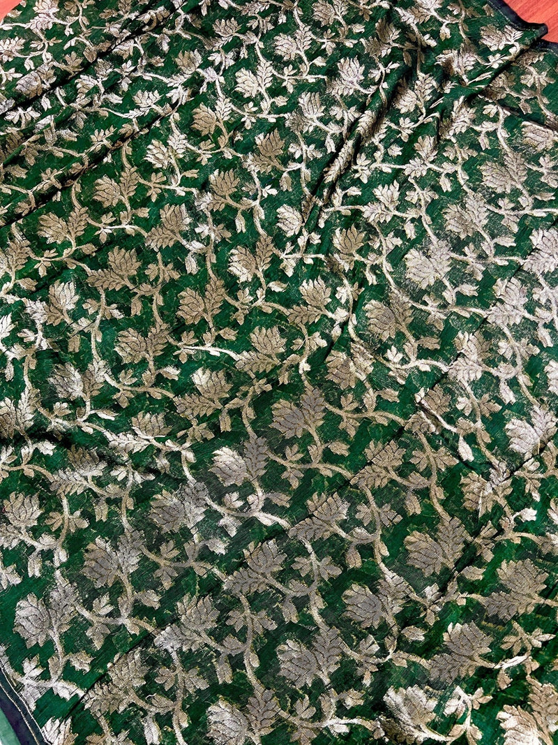 Green Linen Jamdani saree in linen jamdani with muted gold zari weave on linen jamdani — Kaash Collection
