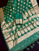 Handmade Green Color Soft Banarasi Silk Saree with Gold Zari Weave - Banarasi Sarees - Gift for Her - Kaash