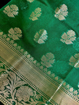Handmade Green Color Soft Banarasi Silk Saree with Gold Zari Weave - Banarasi Sarees - Gift for Her - Kaash
