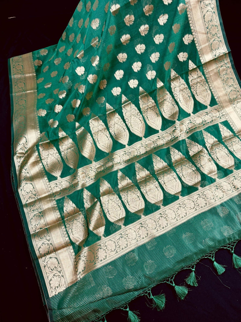 Handmade Green Color Soft Banarasi Silk Saree with Gold Zari Weave - Banarasi Sarees - Gift for Her - Kaash