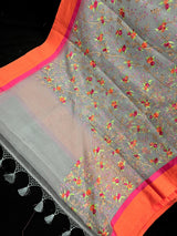 Grey Kora with Orange & Pink Patta Banarasi saree in banarasi kora organza with floral jaal embroidery with orange-pink raw silk patta — Kaash Collection