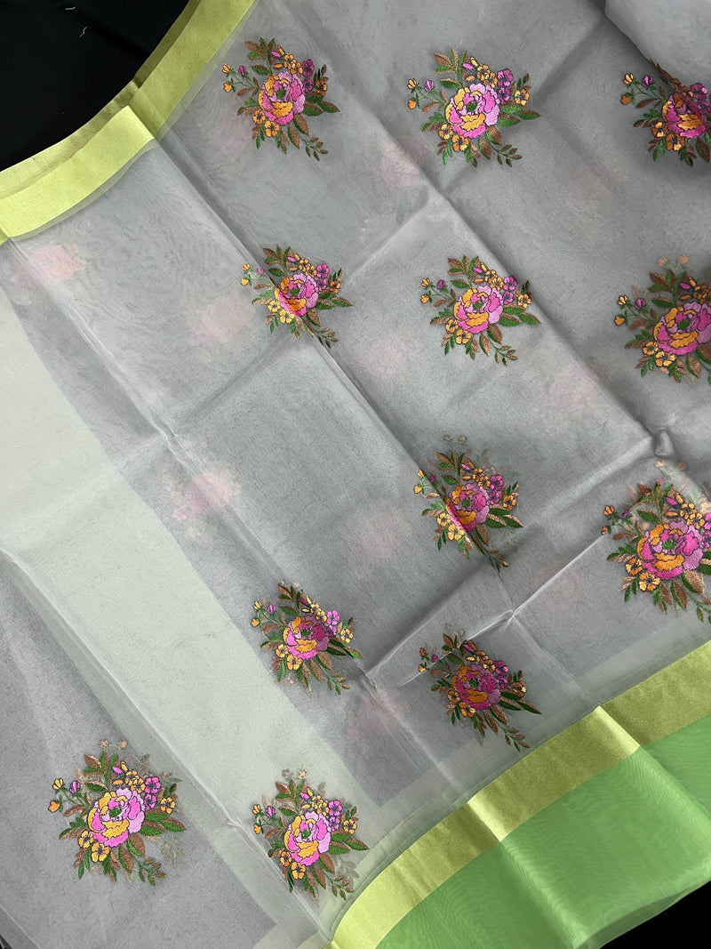 Handmade Grey Color Banarasi Kora Organza Saree with Lime Green Raw Silk Patta on the Border - Flower Bunch Embroidery - Kaash