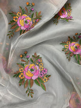 Handmade Grey Color Banarasi Kora Organza Saree with Lime Green Raw Silk Patta on the Border - Flower Bunch Embroidery - Kaash