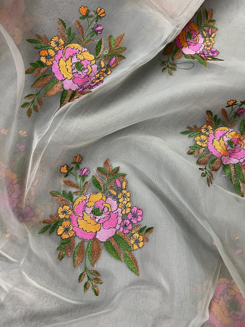 Handmade Grey Color Banarasi Kora Organza Saree with Lime Green Raw Silk Patta on the Border - Flower Bunch Embroidery - Kaash