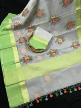 Handmade Grey Color Banarasi Kora Organza Saree with Lime Green Raw Silk Patta on the Border - Flower Bunch Embroidery - Kaash