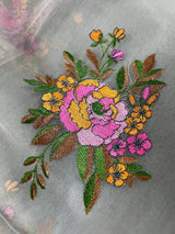 Handmade Grey Color Banarasi Kora Organza Saree with Lime Green Raw Silk Patta on the Border - Flower Bunch Embroidery - Kaash