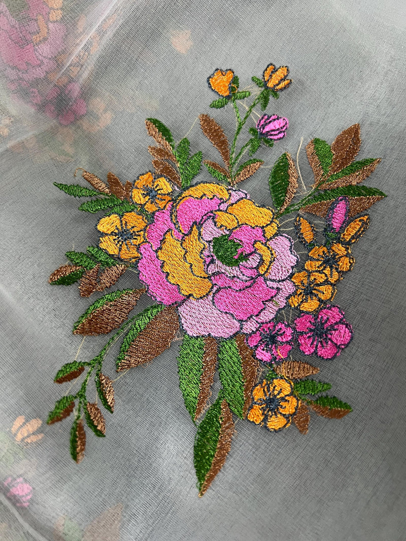 Handmade Grey Color Banarasi Kora Organza Saree with Lime Green Raw Silk Patta on the Border - Flower Bunch Embroidery - Kaash