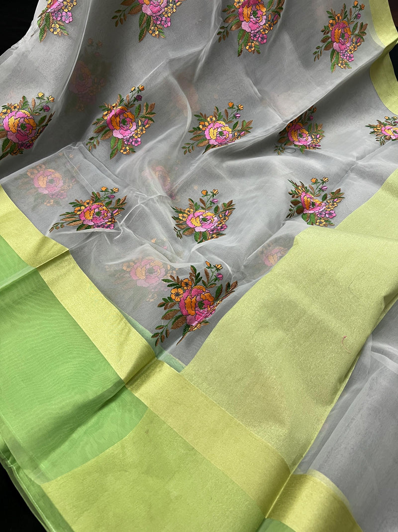 Handmade Grey Color Banarasi Kora Organza Saree with Lime Green Raw Silk Patta on the Border - Flower Bunch Embroidery - Kaash