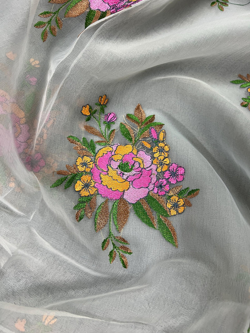Handmade Grey Color Banarasi Kora Organza Saree with Lime Green Raw Silk Patta on the Border - Flower Bunch Embroidery - Kaash