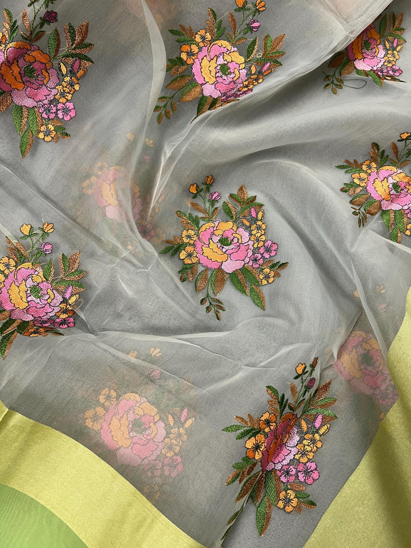 Handmade Grey Color Banarasi Kora Organza Saree with Lime Green Raw Silk Patta on the Border - Flower Bunch Embroidery - Kaash
