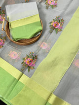 Handmade Grey Color Banarasi Kora Organza Saree with Lime Green Raw Silk Patta on the Border - Flower Bunch Embroidery - Kaash