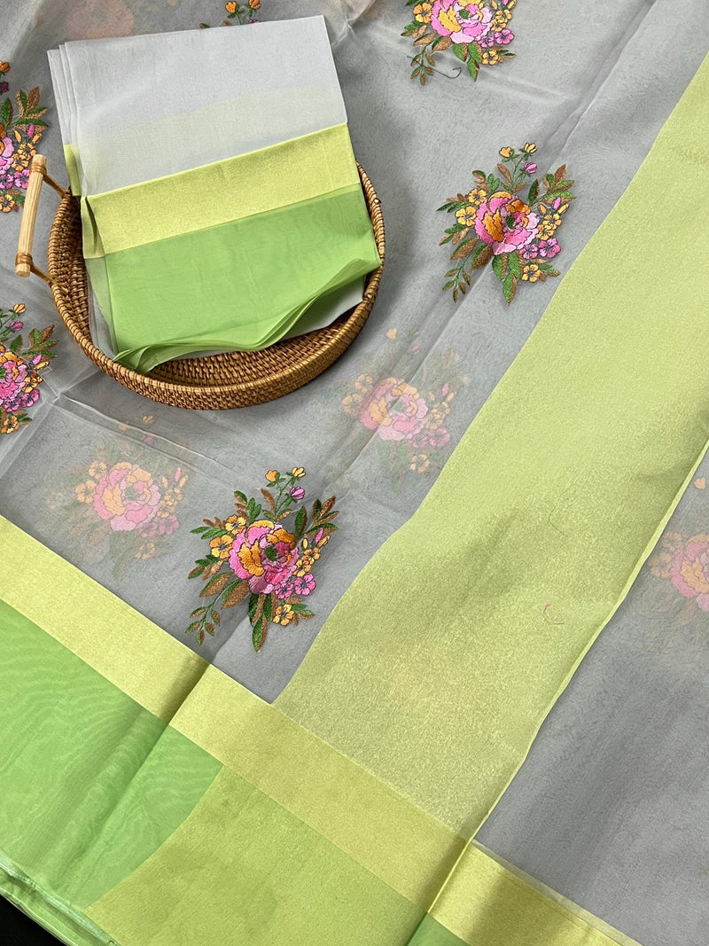 Handmade Grey Color Banarasi Kora Organza Saree with Lime Green Raw Silk Patta on the Border - Flower Bunch Embroidery - Kaash