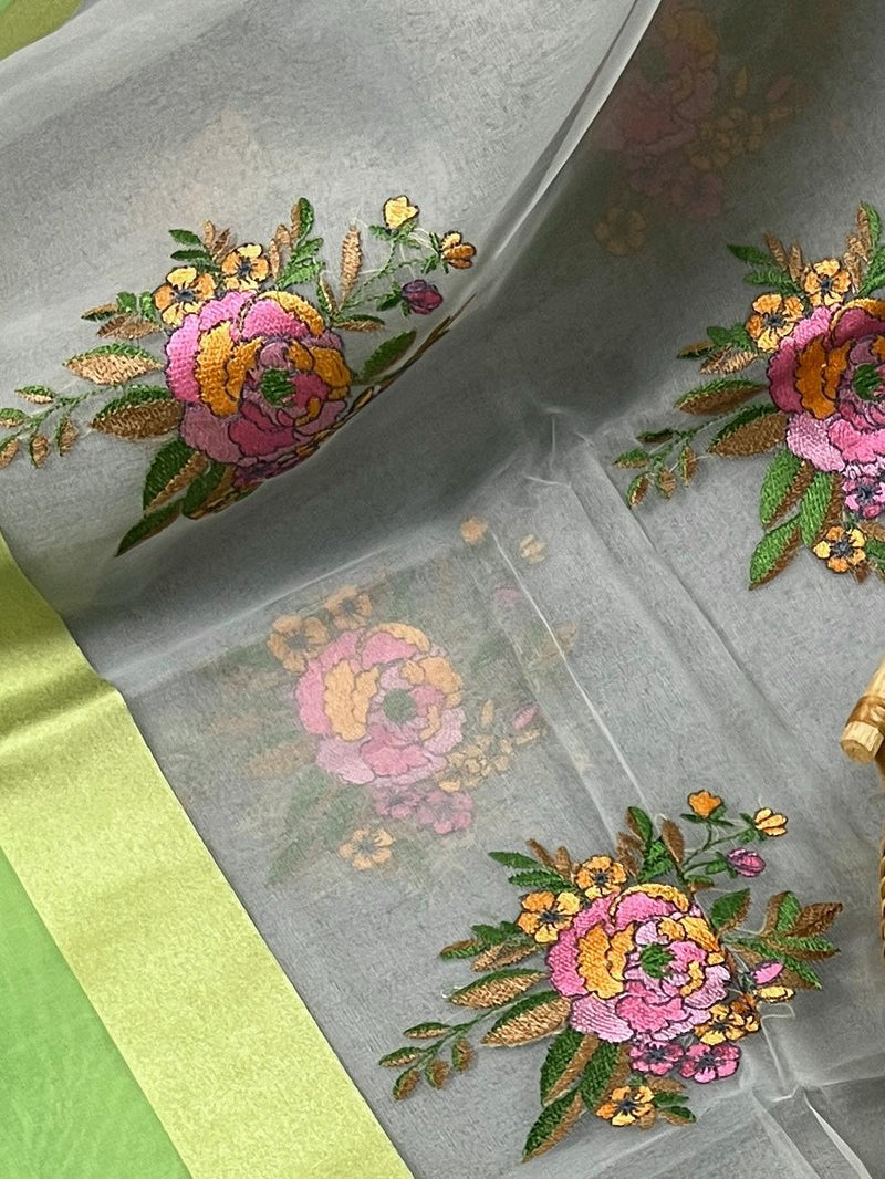 Handmade Grey Color Banarasi Kora Organza Saree with Lime Green Raw Silk Patta on the Border - Flower Bunch Embroidery - Kaash