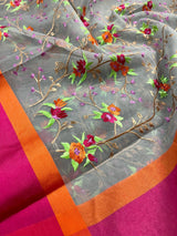 Grey Kora with Raw Silk Patta saree in banarasi kora organza silk with floral embroidery with raw silk patta — Kaash Collection