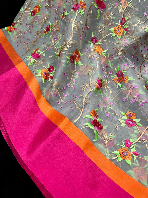 Handmade Grey Color Banarasi Kora Organza Saree with Raw Silk Patta on the Border - Floral Embroidery - Kaash