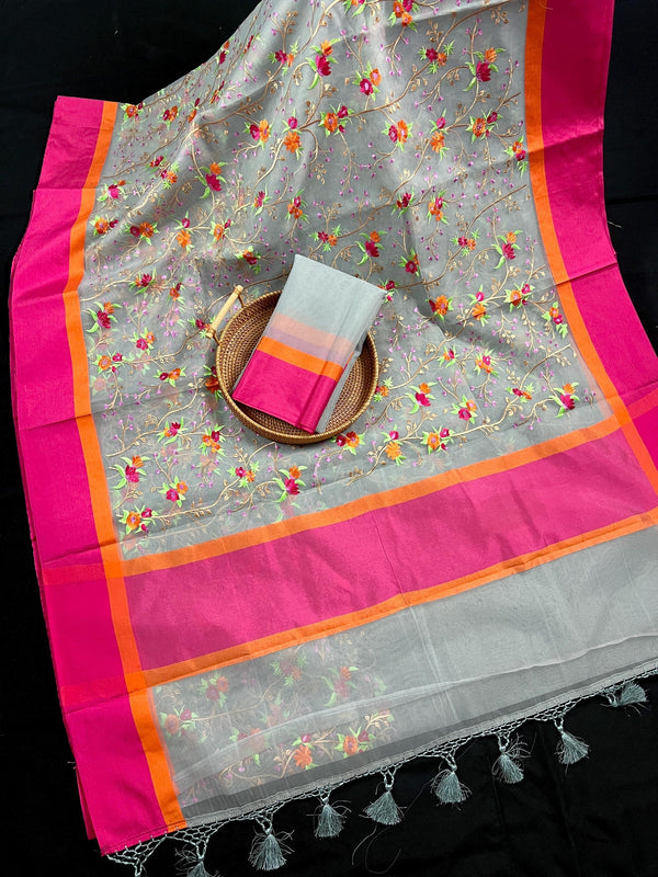Handmade Grey Color Banarasi Kora Organza Saree with Raw Silk Patta on the Border - Floral Embroidery - Kaash