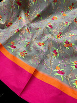 Handmade Grey Color Banarasi Kora Organza Saree with Raw Silk Patta on the Border - Floral Embroidery - Kaash