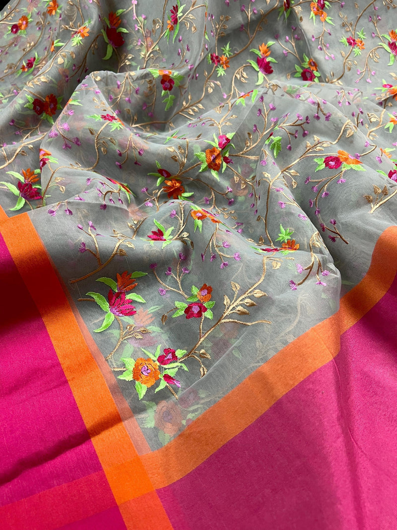 Handmade Grey Color Banarasi Kora Organza Saree with Raw Silk Patta on the Border - Floral Embroidery - Kaash