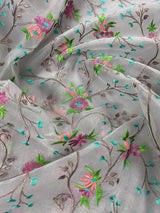 Grey Kora Organza with Blue & Green Patta saree in banarasi kora organza silk with raw silk patta with floral jaal embroidery — Kaash Collection