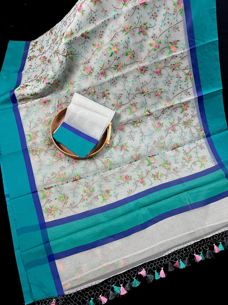 Handmade Grey Color Banarasi Kora Organza Saree with Raw Silk Patta on the Border - Floral Embroidery Saree - Kaash