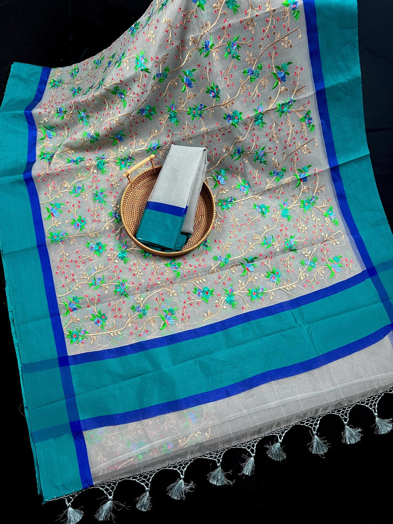 Handmade Grey Color Banarasi Kora Organza Saree with Raw Silk Patta on the Border - Floral Jaal Embroidery - Kaash