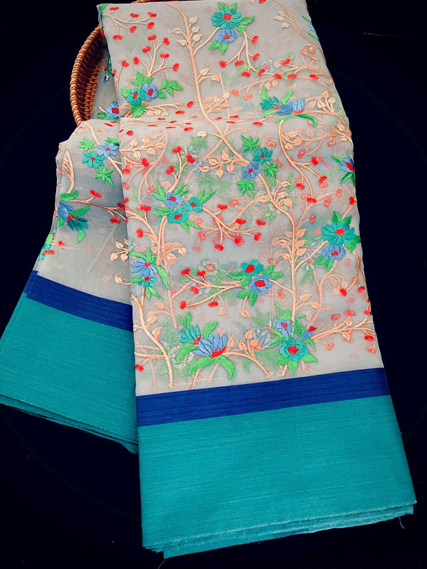 Handmade Grey Color Banarasi Kora Organza Saree with Raw Silk Patta on the Border - Floral Jaal Embroidery - Kaash
