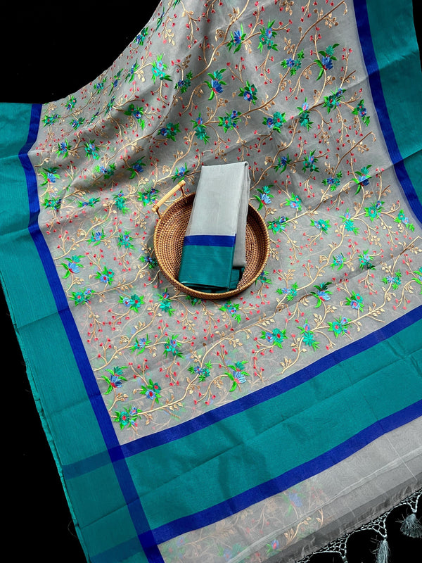 Handmade Grey Color Banarasi Kora Organza Saree with Raw Silk Patta on the Border - Floral Jaal Embroidery - Kaash