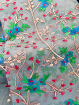Handmade Grey Color Banarasi Kora Organza Saree with Raw Silk Patta on the Border - Floral Jaal Embroidery - Kaash