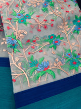 Handmade Grey Color Banarasi Kora Organza Saree with Raw Silk Patta on the Border - Floral Jaal Embroidery - Kaash