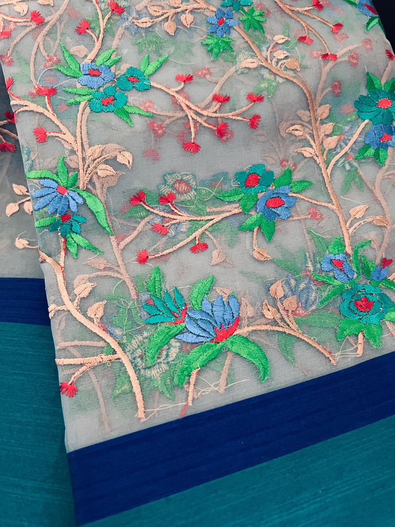 Handmade Grey Color Banarasi Kora Organza Saree with Raw Silk Patta on the Border - Floral Jaal Embroidery - Kaash