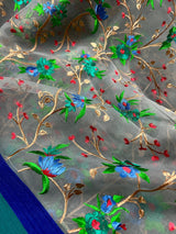 Handmade Grey Color Banarasi Kora Organza Saree with Raw Silk Patta on the Border - Floral Jaal Embroidery - Kaash