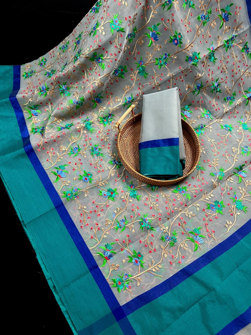 Handmade Grey Color Banarasi Kora Organza Saree with Raw Silk Patta on the Border - Floral Jaal Embroidery - Kaash