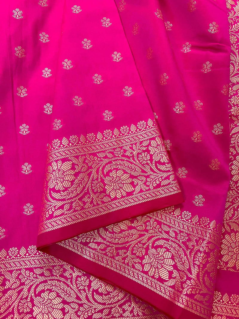 Handmade Hot Pink Color Soft Silk Saree - Muted Gold Resham Zari Weave - Brocade Blouse - Light Weight Easy Drape Saree - Gift For Her - Kaash