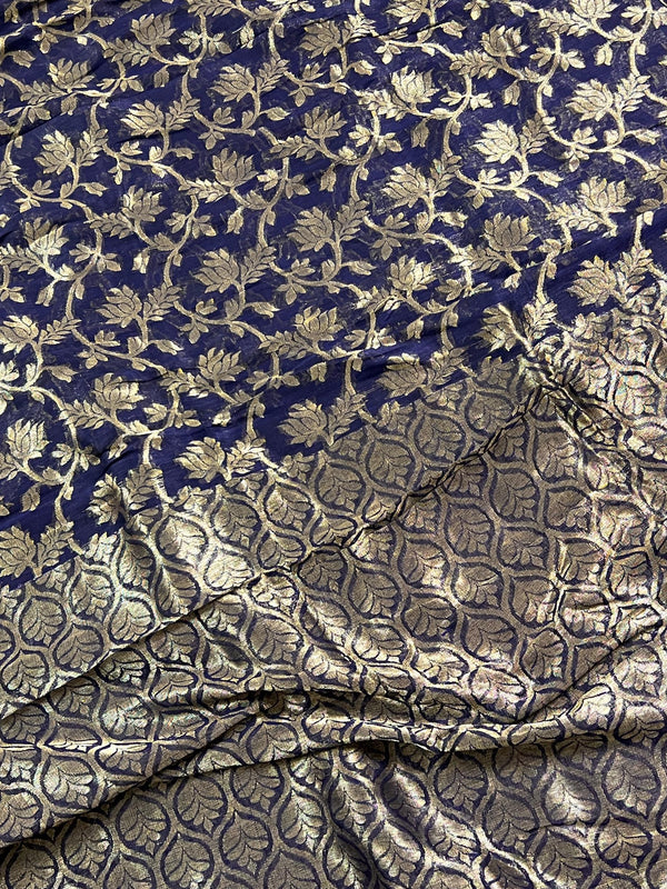 Handmade Ink Blue Color Linen Jamdani Saree with Muted Gold Zari Weave - Kaash