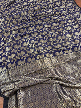 Ink Blue Linen Jamdani saree in linen jamdani with muted gold zari weave on linen jamdani — Kaash Collection