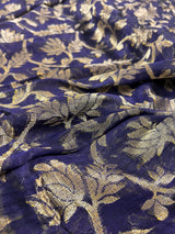 Ink Blue Linen Jamdani saree in linen jamdani with muted gold zari weave on linen jamdani — Kaash Collection