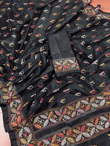 Handmade Kantha Stitch Black Color Saree in Bangalori Silk - Handwoven Kantha Stitch Sarees - Kantha Saree - Bengal Saree - Kaash