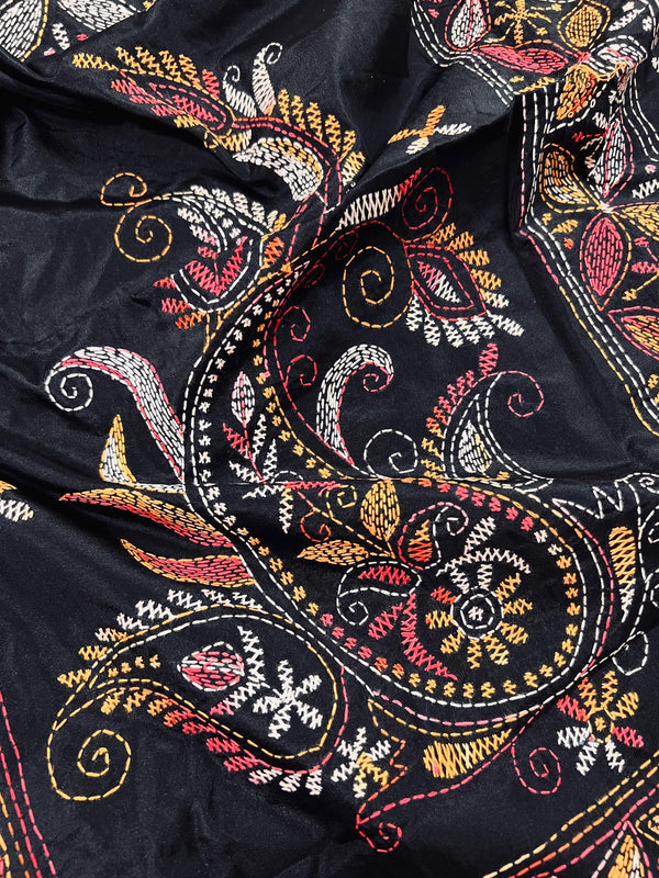 Handmade Kantha Stitch Black Color Saree in Bangalori Silk - Handwoven Kantha Stitch Sarees - Kantha Saree - Bengal Saree - Kaash