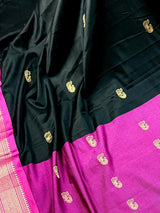 Handmade Light Weight Black Color Soft Silk Saree with Purple and Peacock Motifs - Kaash