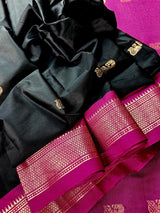 Handmade Light Weight Black Color Soft Silk Saree with Purple and Peacock Motifs - Kaash
