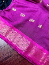 Handmade Light Weight Black Color Soft Silk Saree with Purple and Peacock Motifs - Kaash