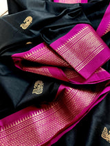 Handmade Light Weight Black Color Soft Silk Saree with Purple and Peacock Motifs - Kaash