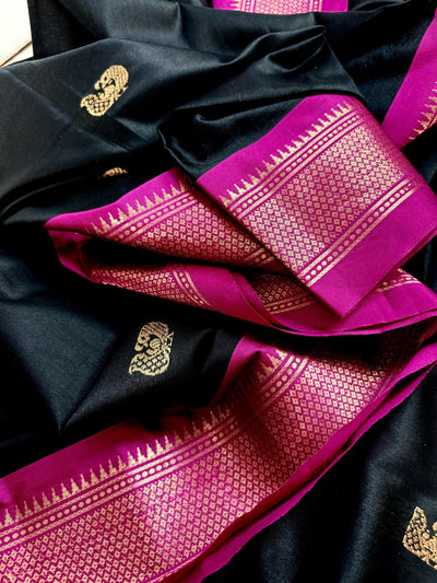 Handmade Light Weight Black Color Soft Silk Saree with Purple and Peacock Motifs - Kaash