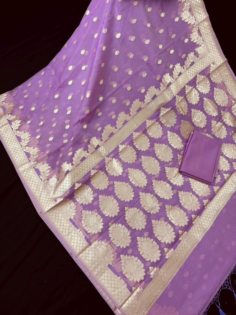 Lilac Kora saree in banarasi kora silk with muted gold zari weave on kora — Kaash Collection