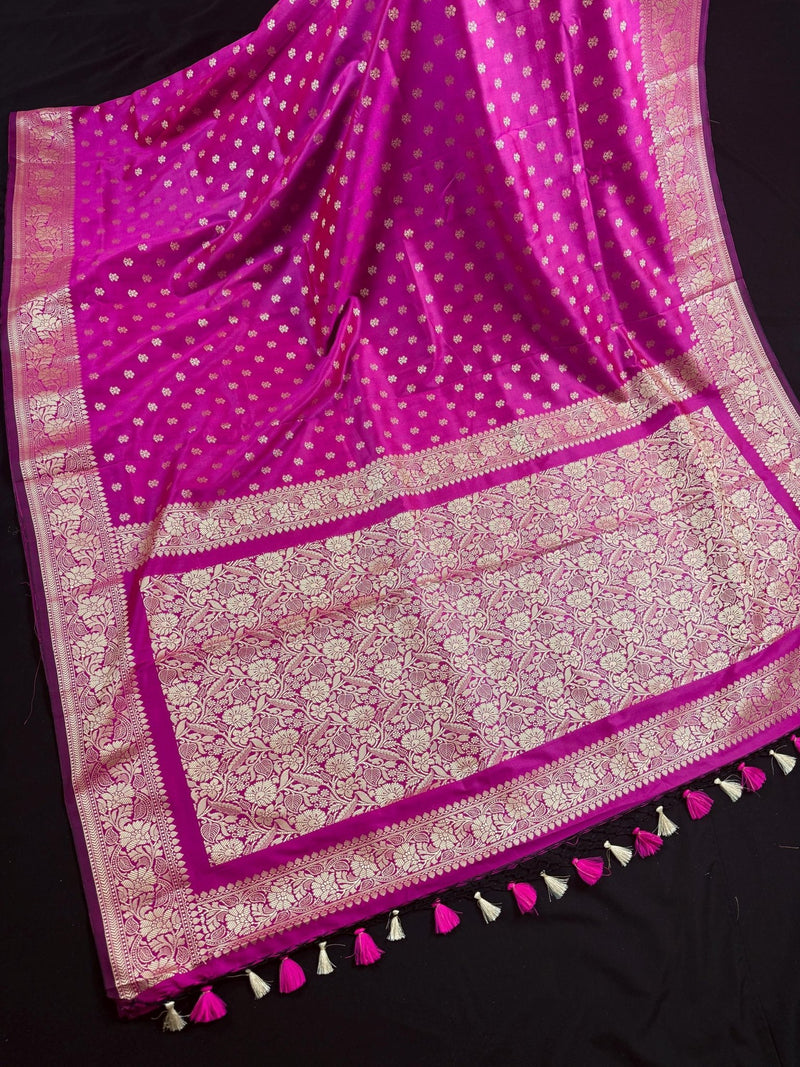 Magenta Pink Banarasi saree in soft silk with muted gold resham zari weave — Kaash Collection