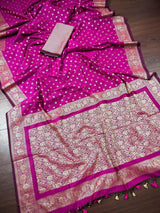 Magenta Pink with Brocade Blouse Banarasi saree in soft silk with muted gold resham zari with brocade blouse — Kaash Collection