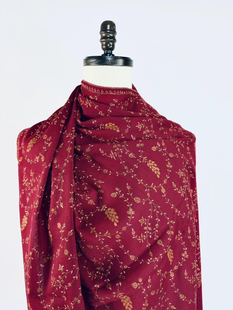 Maroon pure pashmina Kashmiri shawl with hand-embroidered kashmiri needlework — Kaash Collection