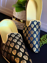 Black handmade men's jutti / mojari wedding shoes in soft banarasi silk with banarasi silk with gold buttis — Kaash Collection